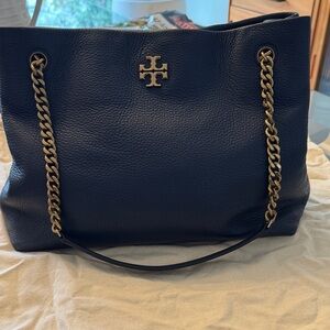 Tory Burch Chelsea Tote- Pebbled Navy Leather, Double Gold Chain Straps